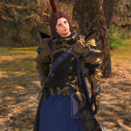 Kheda in blue, gold, and black dark knight armor that resembles that of Fray's.His hand rests on his hip and his head is cocked to the side.