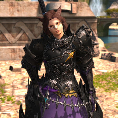 Kheda in pink-gold paladin's armor, with a short skirt and white thigh high boots. His sword and shield are drawn as he stands in a battle stance.