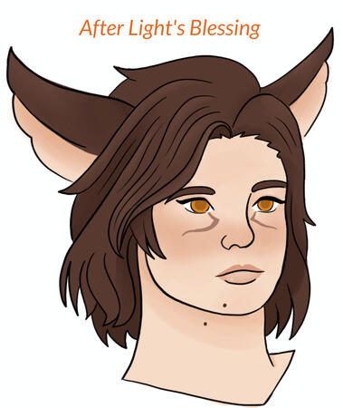 Khed'a Dakwhil with coppery light brown hair and vibrant orange eyes.