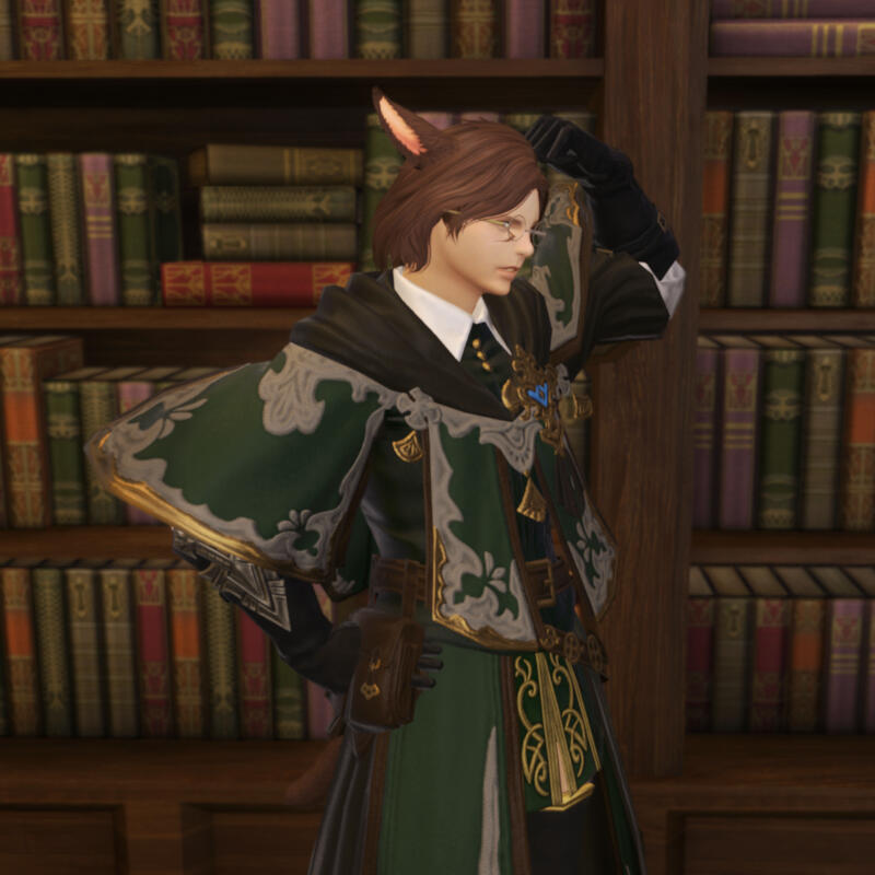 Kheda in a library wearing elaborate mage robes, walking while deep in thought. He taps his head with his fist pensively.